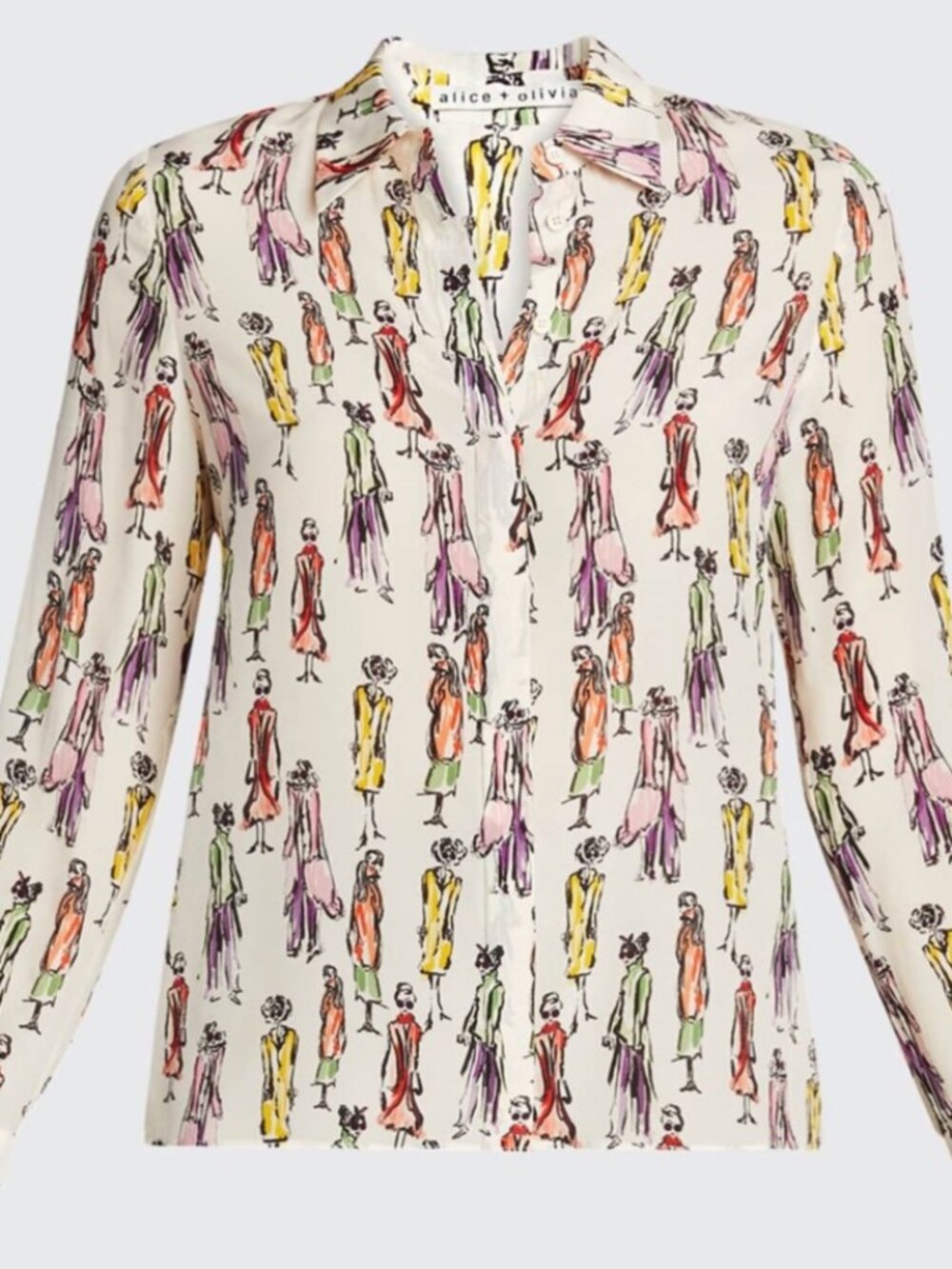 ALICE + OLIVIA Willa Placket Button Down Top Silk SketchMulti Colored Workwear S